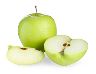 Whole and cut fresh green apples isolated on white