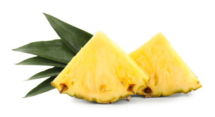 Slices of ripe pineapple and green leaves isolated on white