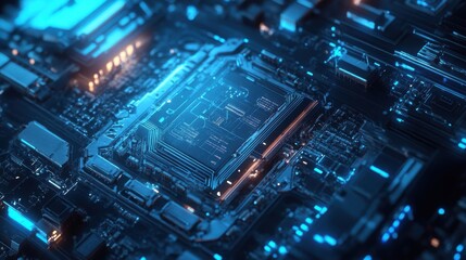 Obraz premium A detailed closeup view of a modern microchip mounted on a circuit board emitting a striking neon blue glow