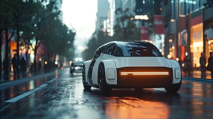 Fototapeta premium Futuristic self-driving car navigating city streets seamlessly using advanced AI algorithms.