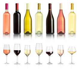 Bottles and glasses with different wines isolated on white, set