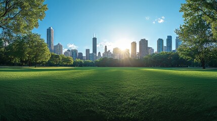 Obraz premium A city skyline featuring skyscrapers, seen from a verdant park under clear, sunny skies, representing the harmony between urban life and nature.