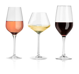 Glasses with different wines isolated on white, set