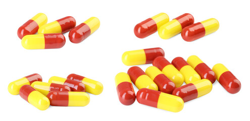 Antibiotic pills isolated on white, set. Medication
