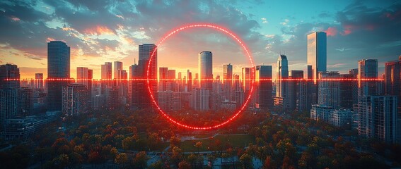 A modern cityscape park design showcasing stylized high-rises and geometric green areas, exuding a fresh and lively atmosphere with vivid colors.