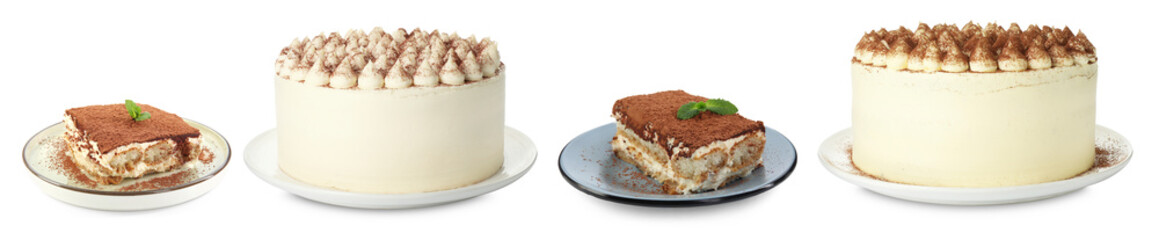 Yummy tiramisu desserts on white background, set
