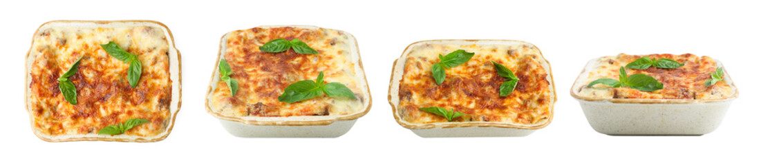 Tasty lasagna isolated on white, collage. Top and side views
