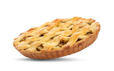 Delicious traditional apple pie in air on white background