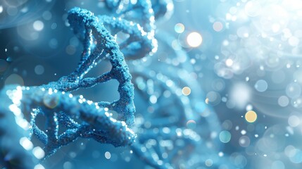 Elegant blue DNA double helix spiral with radiant light bokeh and bubbles, creating a serene blue backdrop