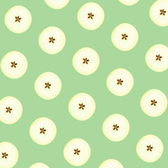 Halves of fresh apple on light green background, seamless pattern