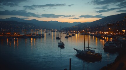 Fototapeta premium Tranquil Evening by the Harbor: Boats and City Lights Reflected on Water