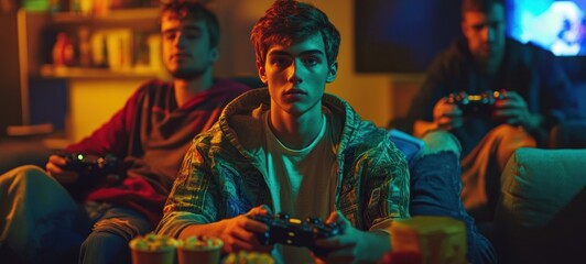Night Gamers: Teenagers engrossed in a video game competition, illuminated by vibrant neon lights, sharing snacks and enjoying the thrill of the game.