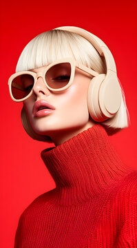 Chic fashion model posing with headphones sunglasses on outdoor location