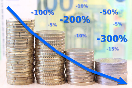 Linear financial graph of reduction in cost of capital. In the foreground, stacks of coins in descending order. In the background, a 100 euro note, with randomly placed different percentage values