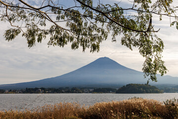 A Serene and Picturesque View of a Majestic Fuji Volcano Towering Over a Kawaguchiko Lake