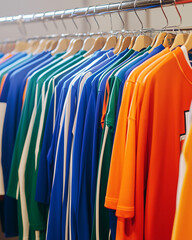 Fototapeta premium Basketball jerseys hanging on a rack in a well-lit room, vibrant colors, organized and inviting