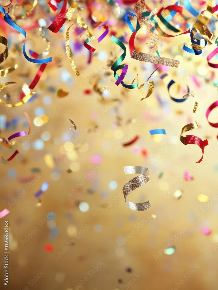 Aufkleber falling confetti and curling ribbons create a celebratory new year vibe against a shimmering golden 