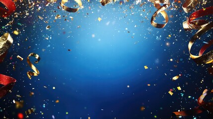Naklejka premium Celebration frame with blue backdrop, shimmering confetti, and festive ribbon curls in rich gold and red colors.