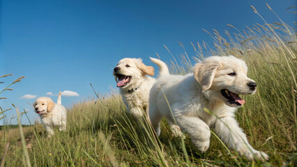 Three Golden Retriever Puppies Running Through a Field on a Sunny Day