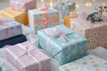 Close-up of a beautifully wrapped Secret Santa gift, holiday lights glowing softly, inviting and mysterious
