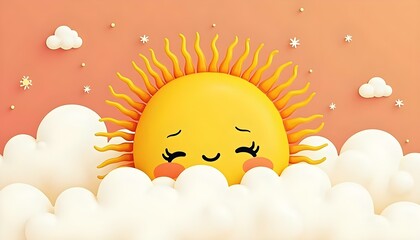Fototapeta premium Happy Sun Smiling in Clouds 3D Render for Kids