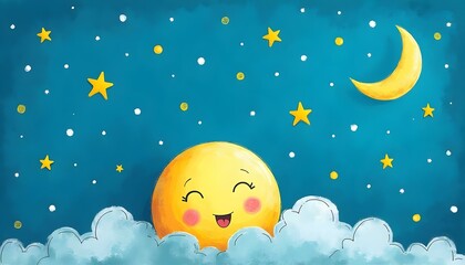 Joyful Moon Illustration on Clouds Night Sky Stars Crescent Moon