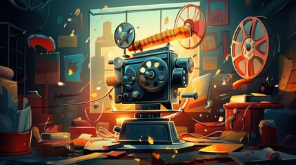 Obraz premium Vintage Film Projector in Retro Studio with Cinematic Atmosphere, Reels, and Creative Chaos Illuminated by Warm Light for Movie History and Filmmaking Concepts