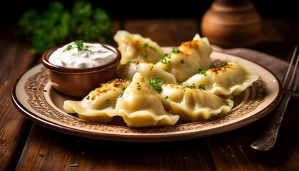 A plate of traditional Polish pierogi stuffed with potato and cheese, served with sour cream on a rustic wooden table.