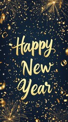 Fireworks and golden confetti framing "Happy New Year" on a dark, festive vertical background.