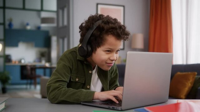 Little funny African American boy son child kid gamer gadget addict video game addiction playing online internet gaming laptop at home without parental control happy win achieve success modern hobby