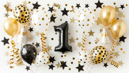 Festive first birthday decoration with golden balloons and black star-shaped confetti