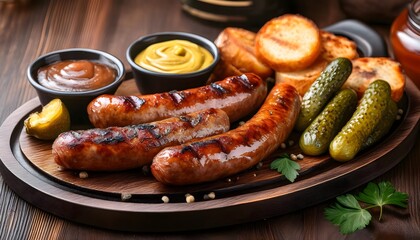 A platter of grilled Polish kiełbasa sausages garnished with mustard and pickles, served on a rustic table.