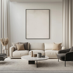 Modern Cozy Living Room with Black-Framed Art and Minimalist Decor