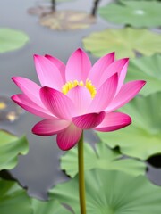 Fototapeta premium Vibrant pink lotus flower blooming beautifully in a serene pond setting, nature