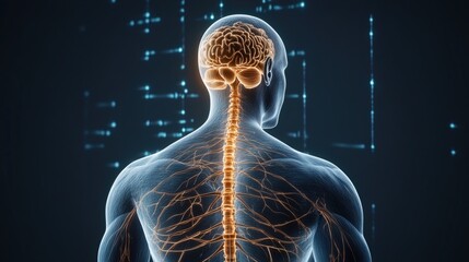 Detailed 3D representation of the human nervous system showcasing the brain and spinal cord structures