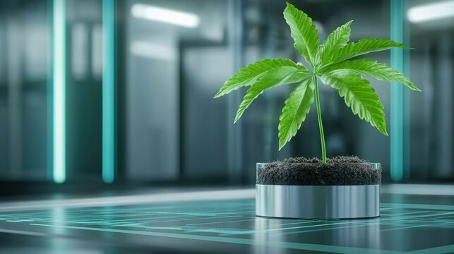 Biotechnology laboratory showcases a plant growing in a futuristic tech environment