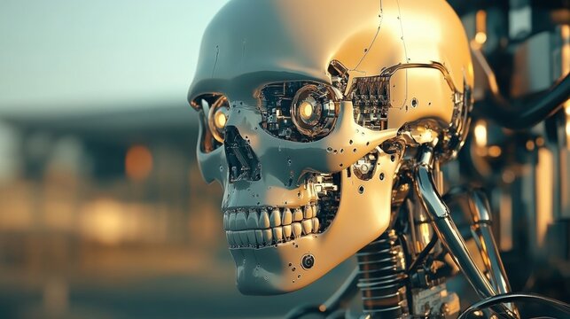 Futuristic robotic skull showcases advanced technology and intricate design against an urban backdrop