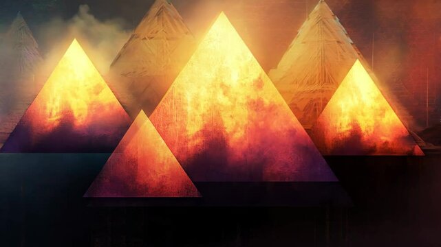A painting of three triangles in a red and yellow color scheme. The triangles are arranged in a way that they appear to be leaning on each other. The painting has a sense of depth and movement