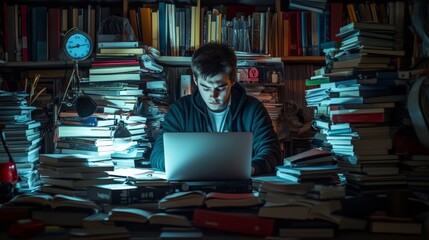 Focused young man working late at night surrounded by stacks of books and a glowing laptop.