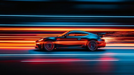 Fast sports car speeding at night with light trails.