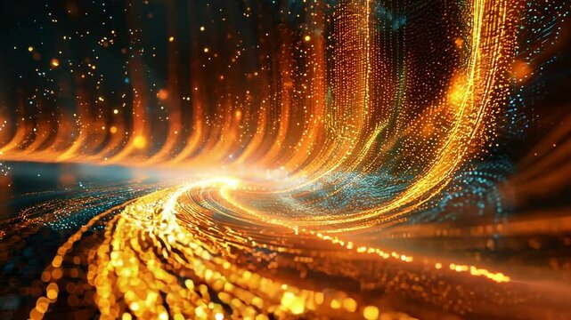 A long, curving line of glowing orange lights. The lights are arranged in a way that creates a sense of movement and depth. The scene is set in a dark, mysterious environment