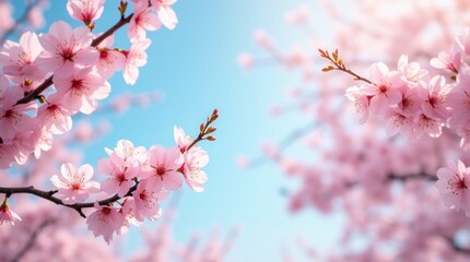 A breathtaking photorealistic image of cherry blossoms in full bloom, with delicate pink petals cascading from the branches against a clear blue sky, creating a serene and picturesque spring scene