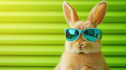 Rabbit in turquoise sunglasses on green background. Summer fashion concept