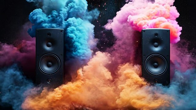 Two speakers are surrounded by colorful smoke, creating a vibrant and energetic atmosphere. The speakers are positioned close to each other, emphasizing their importance in the scene