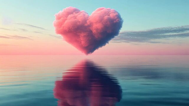 Heart-shaped pink cloud floating over calm ocean during sunset