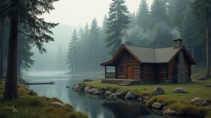 Obraz premium A photorealistic image of a rustic log cabin nestled in a forest, surrounded by tall trees and a serene lake, with smoke gently rising from the chimney, evoking a sense of tranquility and nature.