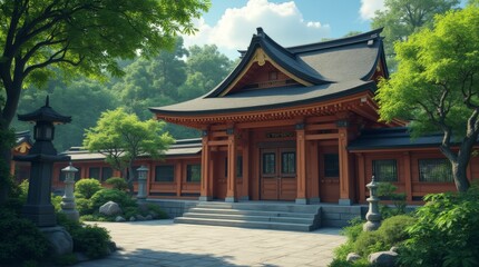A photorealistic image of a traditional Shinto shrine surrounded by lush greenery, featuring the iconic torii gate and intricate wooden architecture, capturing the serene atmosphere of the sacred site