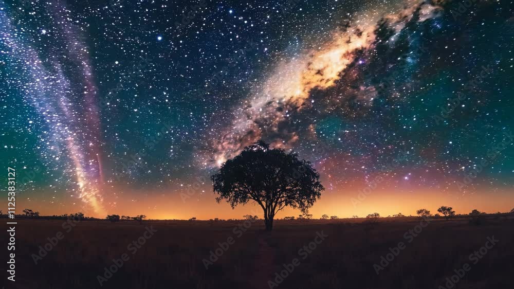 Canvas Prints a tree stands in a field of grass under a starry sky. the sky is filled with stars and the moon is v