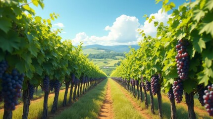 Obraz premium A photorealistic image of lush grape vines growing in a vineyard, with clusters of ripe grapes hanging from the vines, set against a backdrop of rolling hills and a clear blue sky