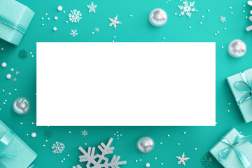 Christmas Flyer Mockup with Sparkling Silver Decorations and Turquoise Holiday Gifts. Festive Template Design